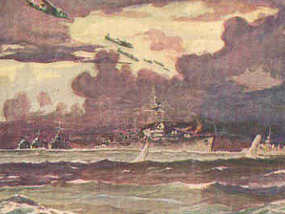 De slag in de Javazee. Het eskader van Schout bij Nacht Doorman in actie, met rechts de Engelse kruiser York, in het midden de Hr.Ms. Tromp en links de aanval van Nederlandse torpedojagers.