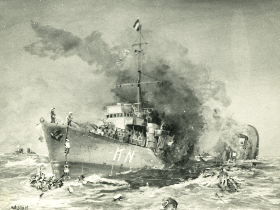 Ondergang van torpedobootjager Hr.Ms. Kortenaer (1928-1942) tijdens de slag in de Javazee. Foto van aquarel door J.P.M. Wanders, één van de illustraties van het boek 